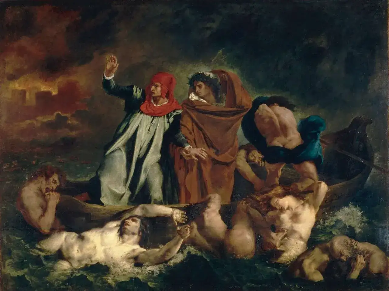 Une peinture romantique d&eacute;peignant Dante et Virgile dans une barque, traversant un fleuve tumultueux peupl&eacute; de damn&eacute;s.
