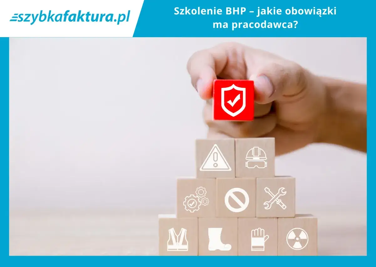 Dłoń trzyma czerwoną kostkę z symbolem tarczy i haczyka, nad stosem kostek z ikonami BHP. To wizualizacja obowiązków pracodawcy.