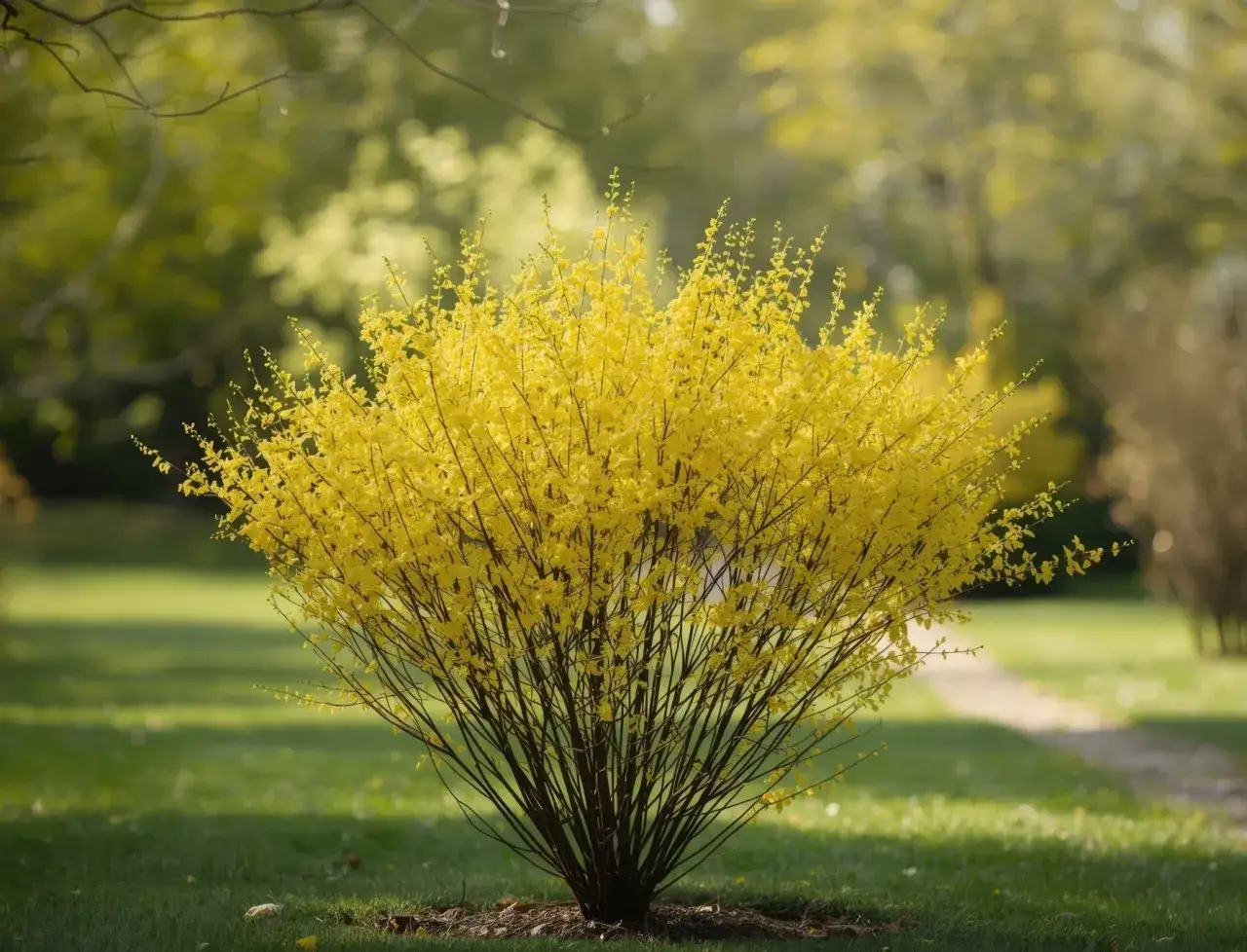 Un forsythia en pleine floraison, d'un jaune éclatant, illumine le jardin. Sa taille généreuse et sa forme arrondie en font une explosion de couleurs printanières.