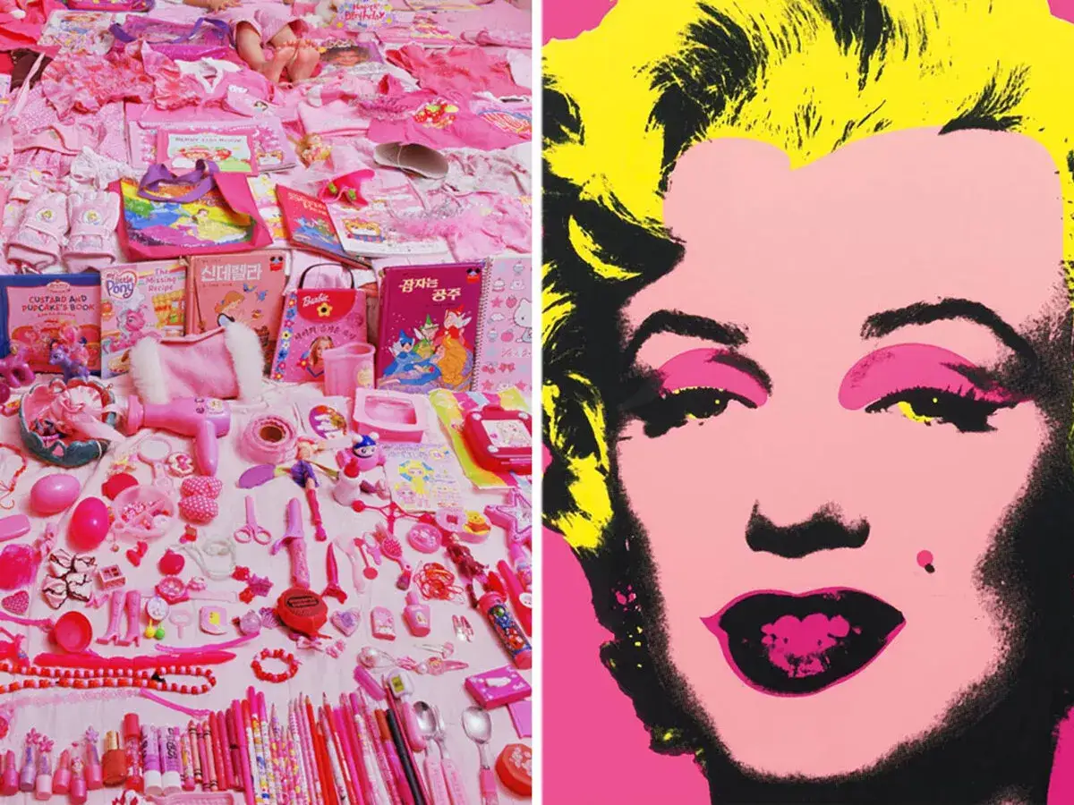 Dwa obrazy: po lewej mnóstwo różowych zabawek i ubranek, po prawej portret Marilyn Monroe w stylu Andy'ego Warhola, gdzie różowa symbolika dominuje.