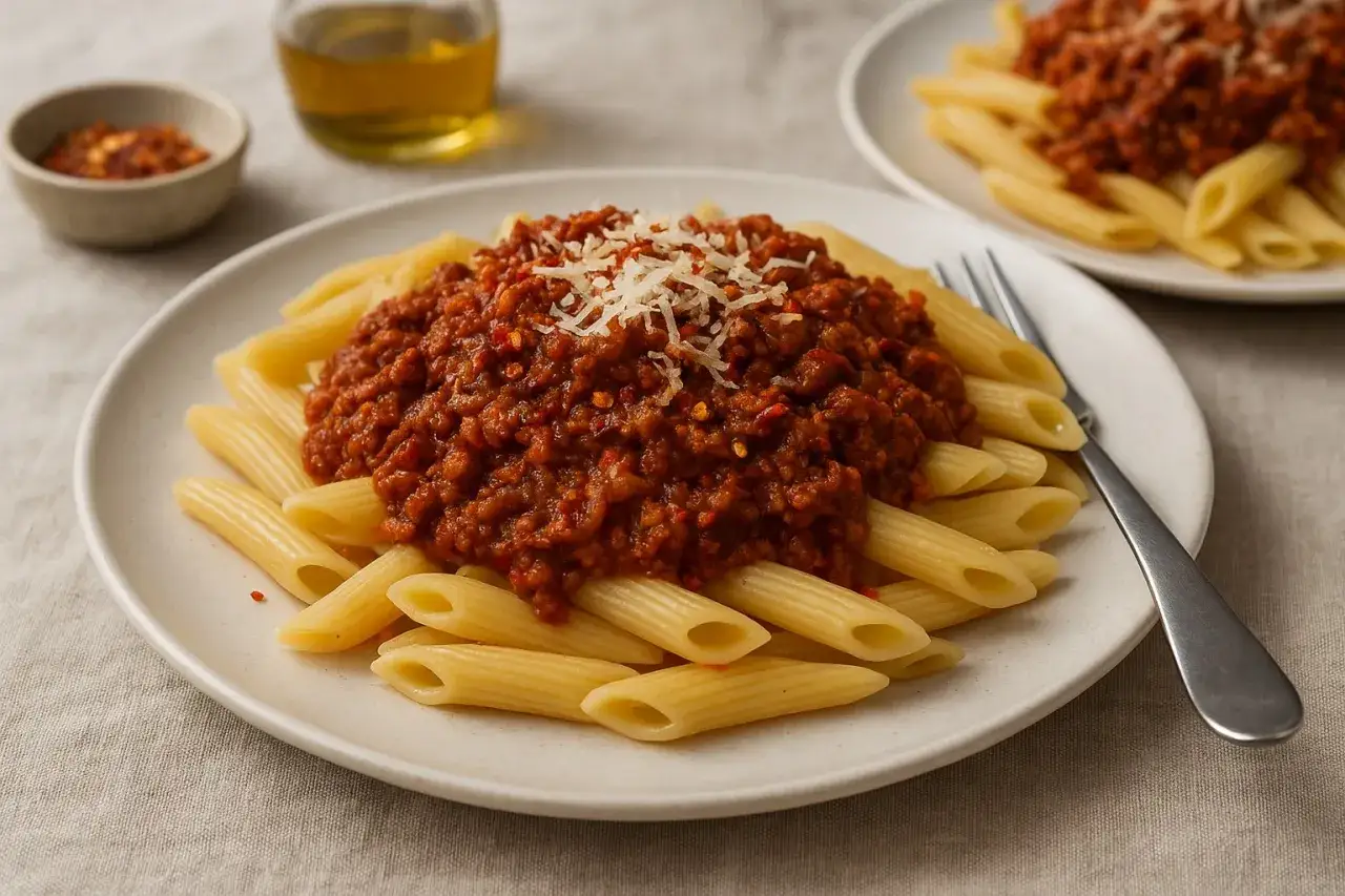 En tallrik med penne pasta toppad med en smakrik köttfärssås bolognese, strödd med riven ost.