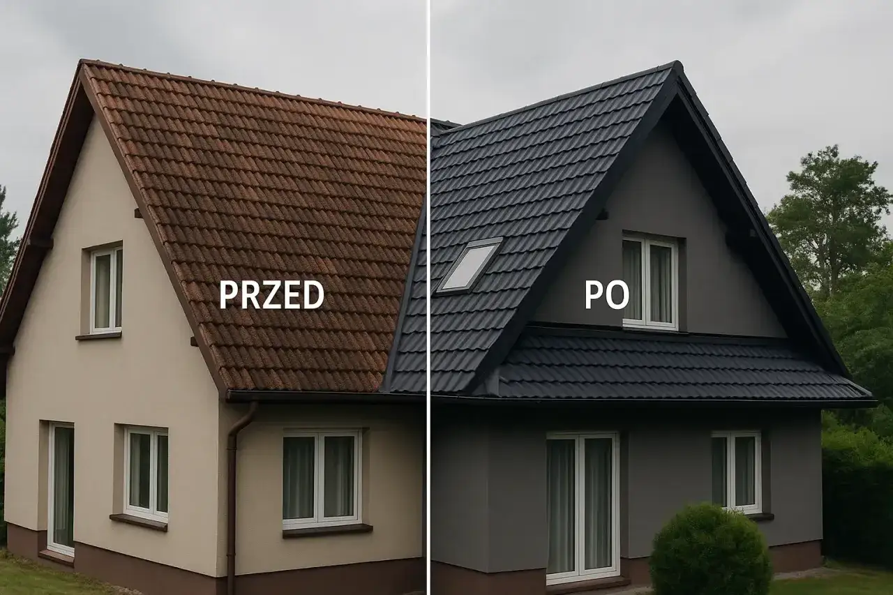 Przed i po: stara, brązowa dachówka betonowa kontra nowa, czarna.