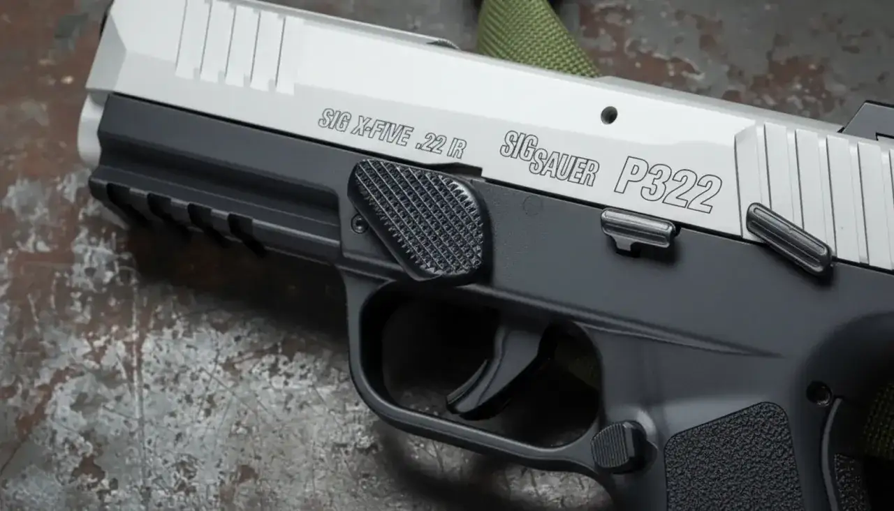Pistolet Sig Sauer P322 .22 LR, broń bocznego zapłonu bez zezwolenia, z dwukolorowym wykończeniem i szorstkim chwytem.