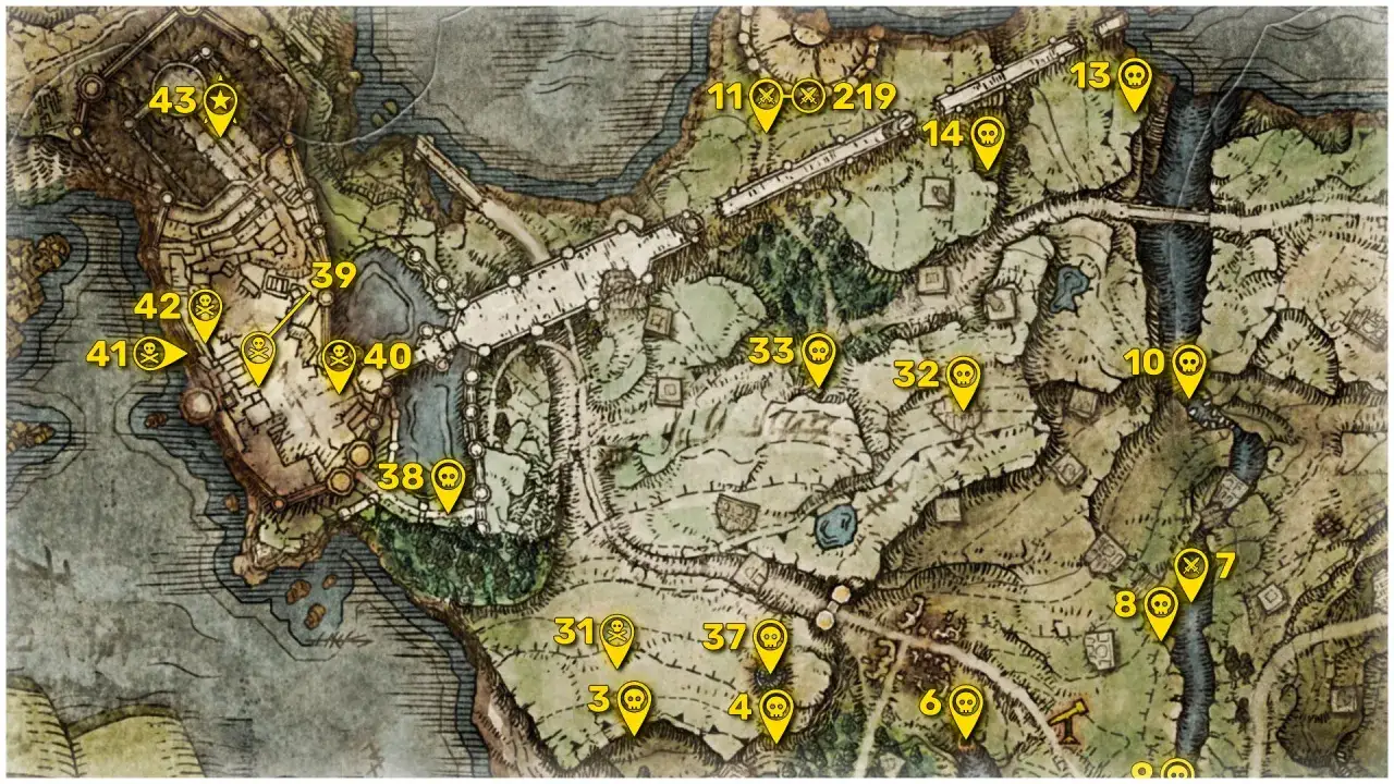 Mapa Elden Ring z zaznaczonymi bossami. Wskazuje kolejność, w jakiej można ich pokonać, od 3 do 43.