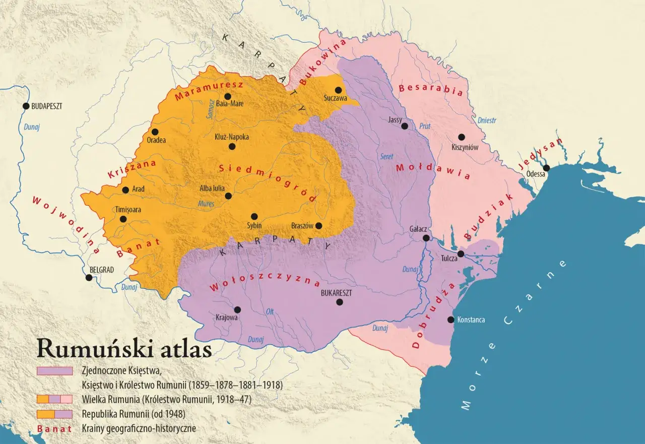 Mapa historyczna Rumunii pokazuje jej granice z Węgrami (Wojwodina), Serbią, Bułgarią, Ukrainą i Mołdawią.
