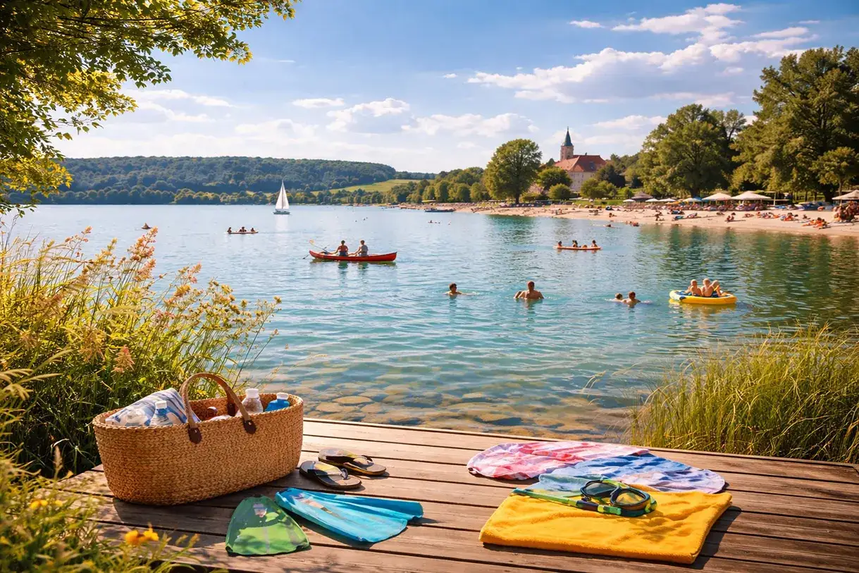 Sommerlicher Badesee Forchheim mit Menschen beim Schwimmen, Bootfahren und Entspannen am Ufer. Ein Picknickkorb und Badesachen liegen bereit.