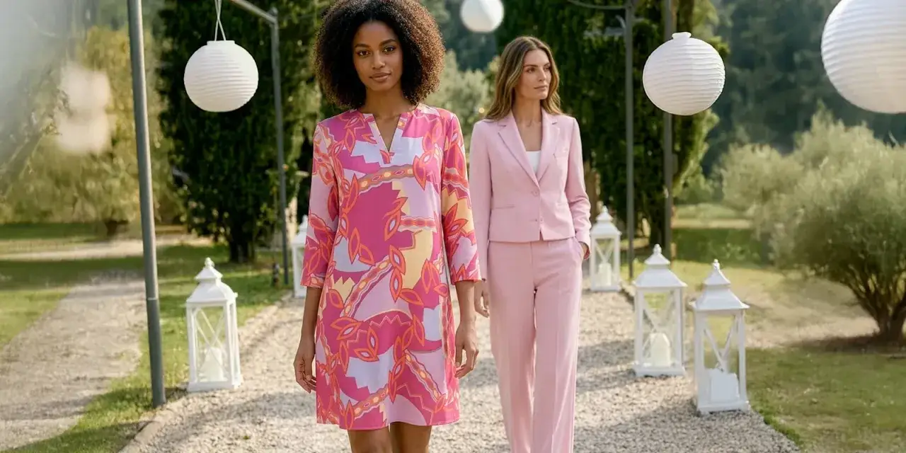 Zwei Frauen spazieren durch einen Garten. Eine trägt ein bunt gemustertes Kleid, die andere einen eleganten rosa Anzug. Sie stimmen ihr Outfit perfekt aufeinander ab.