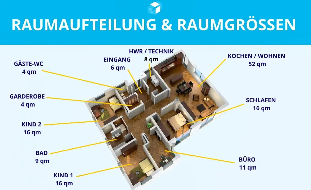 Grundriss mit Beschriftungen zur Raumaufteilung und Raumgr&ouml;&szlig;en. Hilft bei der Planung der Raumaufteilung.
