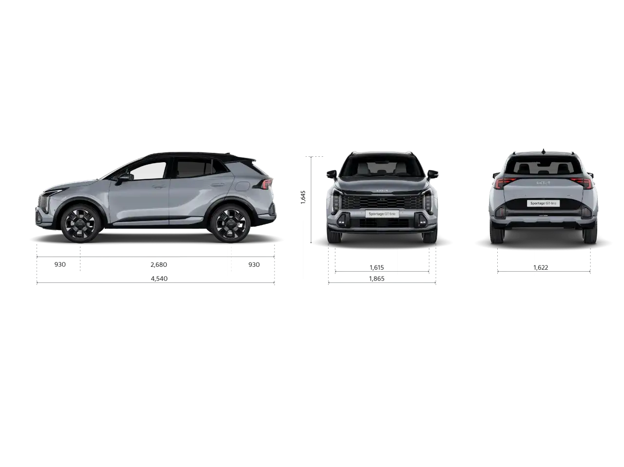 Szary Kia Sportage GT-line z widocznymi wymiarami: długość 4540 mm, szerokość 1865 mm, wysokość 1645 mm.