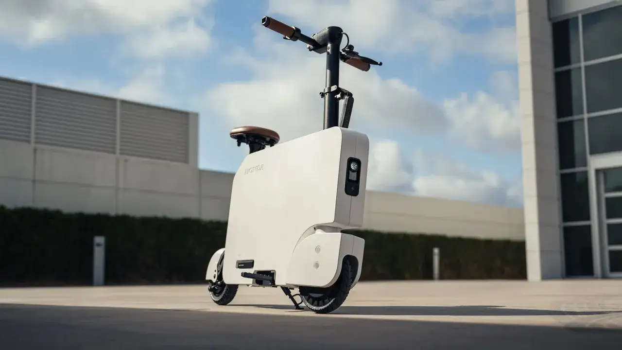 Biały Honda Motocompacto, kompaktowy skuter elektryczny, stoi na zewnątrz przed nowoczesnym budynkiem.