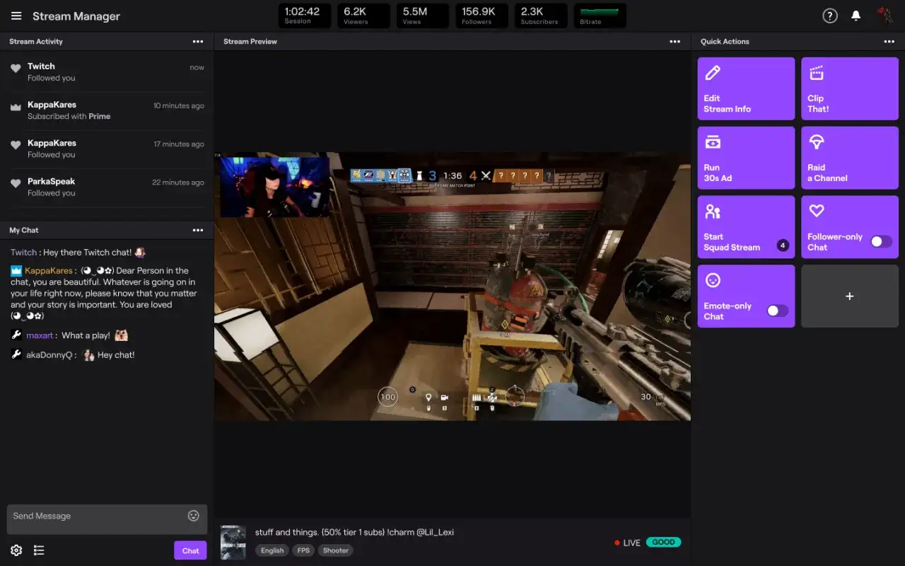 Twitch Stream Manager mit Chat und Quick Actions. Hier siehst du die Vorteile für Twitch Affiliate, wie z.B.
