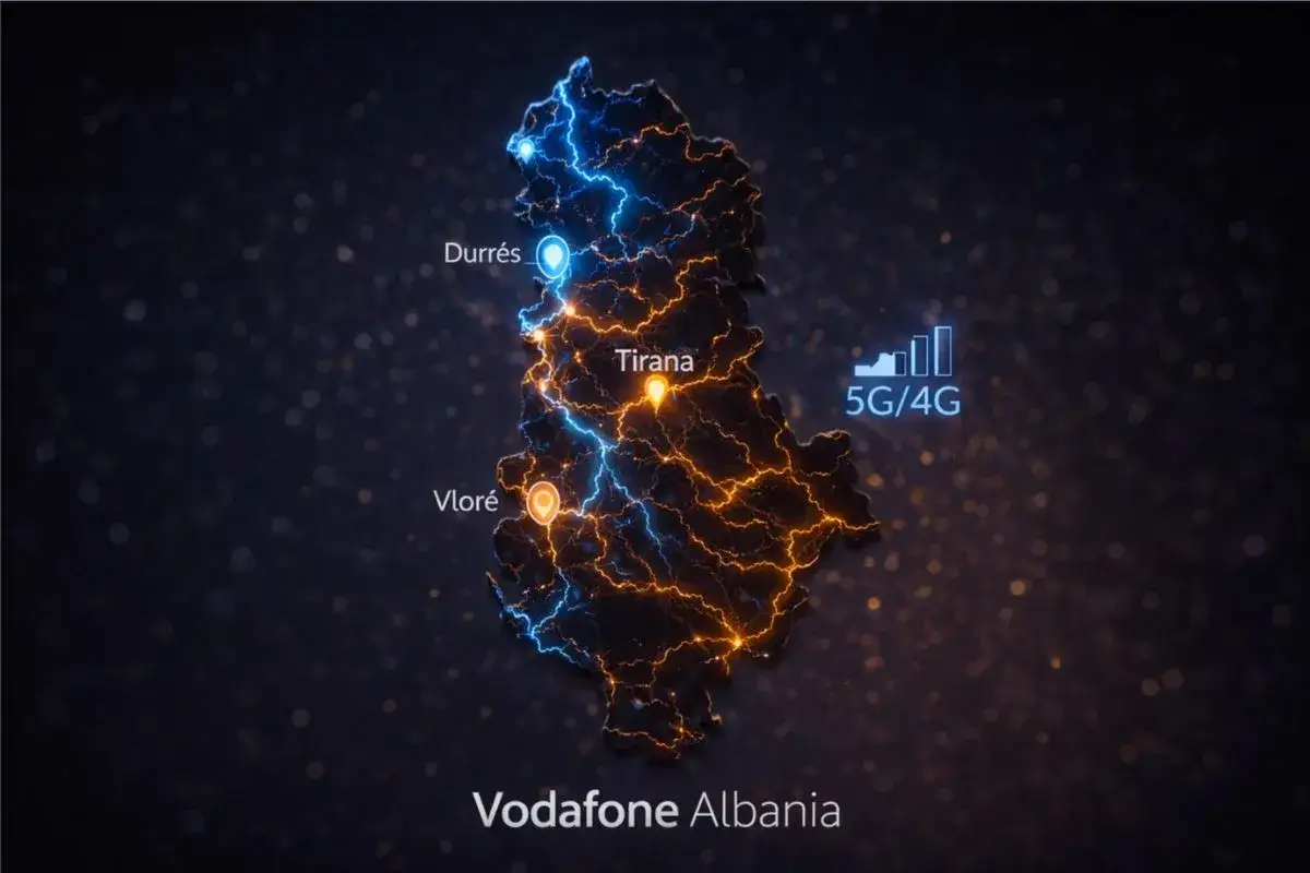 Albania w ogniu połączeń. Mapa kraju rozświetlona siecią 5G/4G od Vodafone Albania, łącząca Durrës, Tiranę i Vlorę.