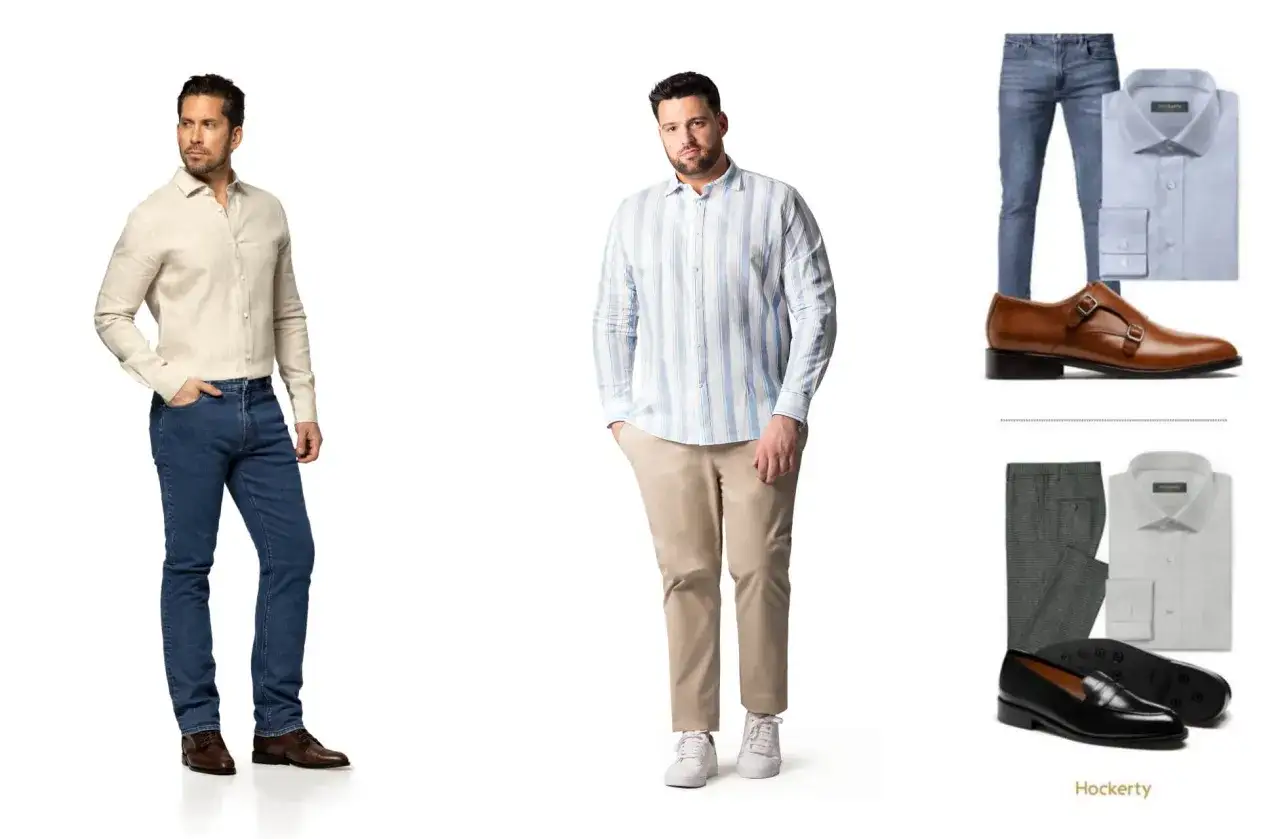 Zwei Männer präsentieren Outfits im Stil business smart casual herren: lässige Hemden mit Jeans oder Chinos und passenden Schuhen.