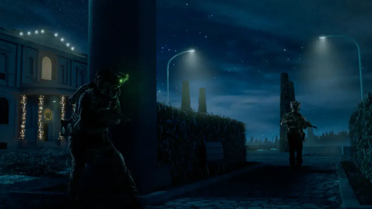 Nocna misja w stylu Splinter Cell Remake. Sam Fisher skrada się w cieniu, podczas gdy drugi agent patroluje teren.