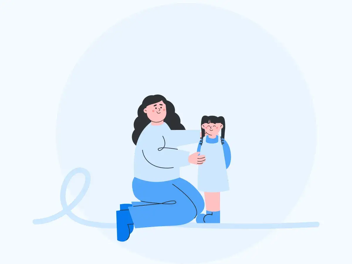 Kobieta klęczy przy dziecku, uspokajając je. Ilustracja pokazuje, jak radzić sobie z agresją u dzieci.