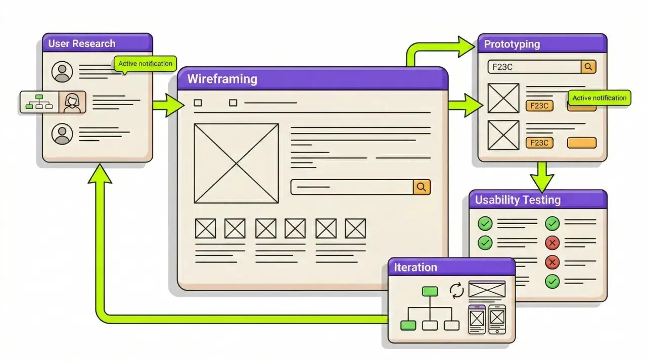 Schemat procesu projektowania UX: od badań użytkownika, przez wireframing i prototypowanie w Adobe XD, po testy użyteczności i iteracje.