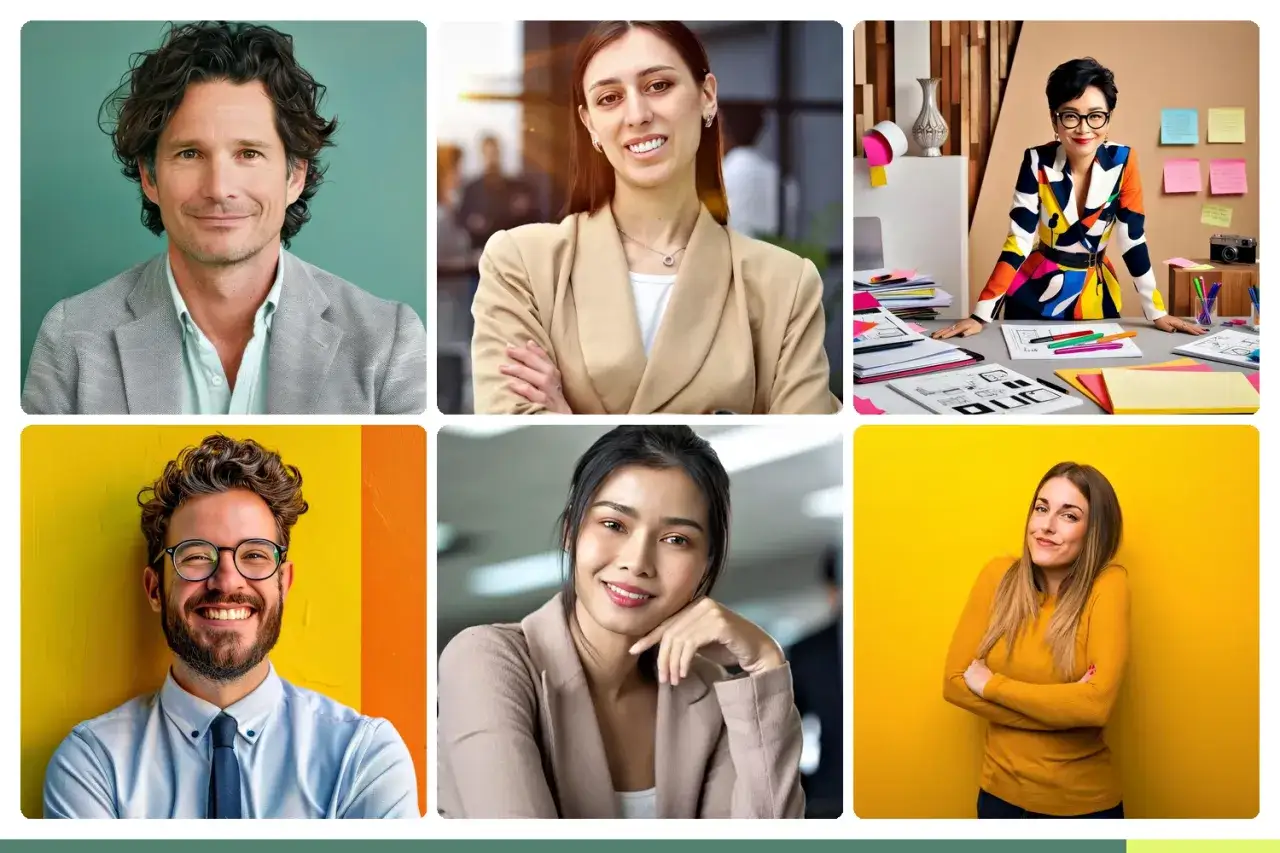 Six portraits de professionnels, certains avec un **effet spécial sur photo** pour un rendu moderne et dynamique.