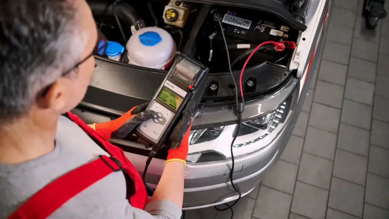 Kfz-Mechaniker prüft mit Gerät die Batterie eines VW Fox. Ein Batteriewechsel steht an.
