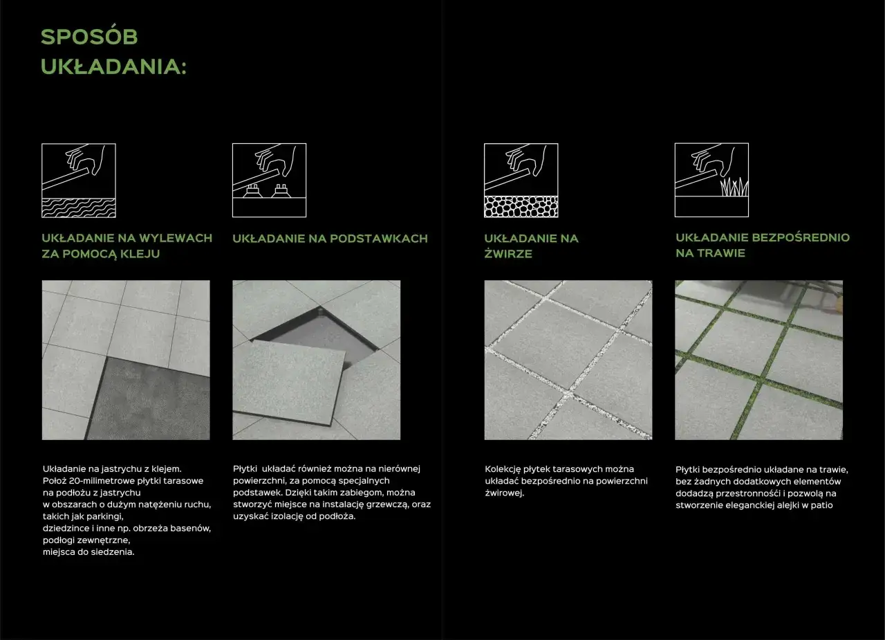 Różne wzory układania płytek podłogowych 60x60: na kleju, na podstawkach, na żwirze i na trawie.