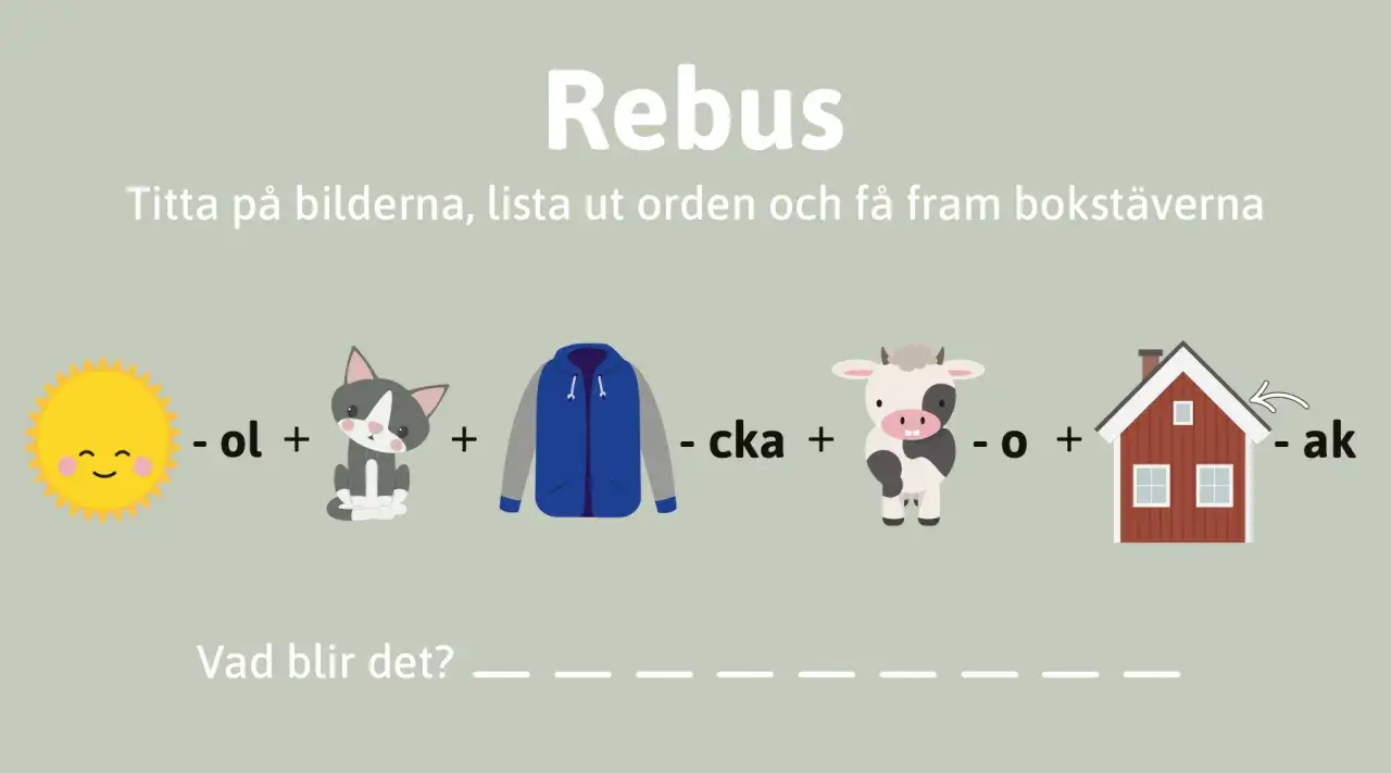 Sol, katt, jacka, ko, hus. Dessa bilder ger tipsfrågor med svar för att bilda ett ord.