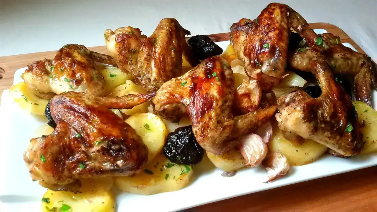 Alitas al horno con patatas, ciruelas pasas y ajos asados. Un plato casero y delicioso.