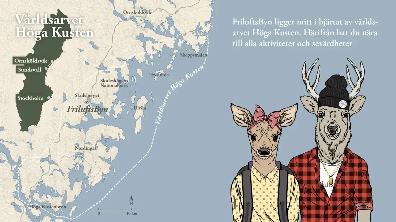Karta &ouml;ver V&auml;rldsarvet H&ouml;ga Kusten med illustration av tv&aring; kl&auml;dda hjortdjur. FriluftsByn ligger centralt.