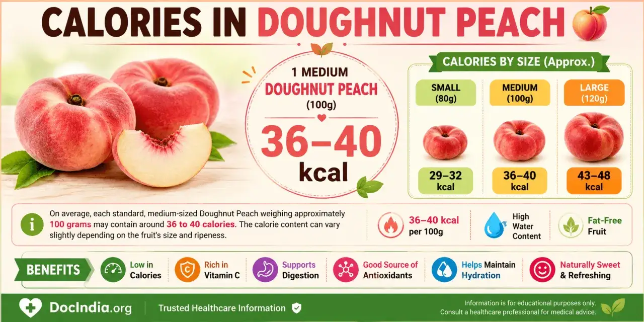 Brzoskwinia płaska: 1 średnia (100g) to 36-40 kcal. Niska kaloryczność, bogactwo witamin i antyoksydantów.