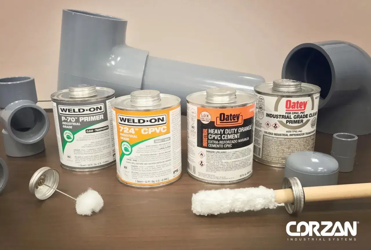 Weld-On and Oatey primers and cements for CPVC pipe, with PVC fittings.