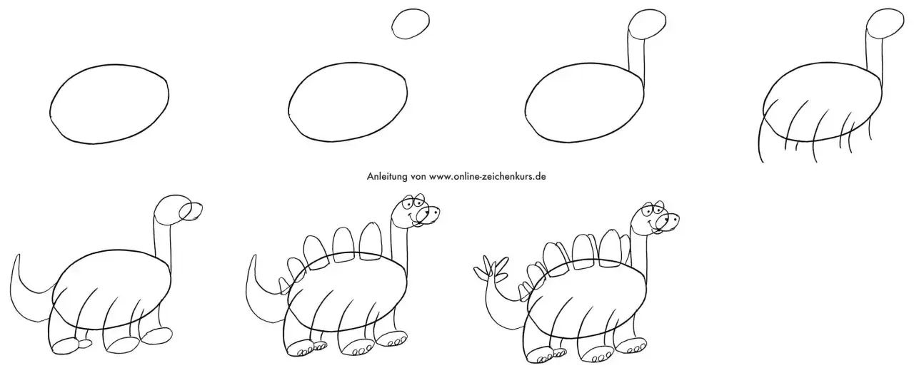 Schritt-f&uuml;r-Schritt-Anleitung, wie Kinder einen s&uuml;&szlig;en Dinosaurier zeichnen k&ouml;nnen.