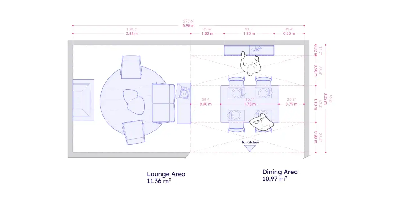 Plano de distribuci&oacute;n de un espacio con &aacute;rea de sal&oacute;n y un &aacute;rea de comedor. El espacio mesa comedor est&aacute; listo para recibir invitados.
