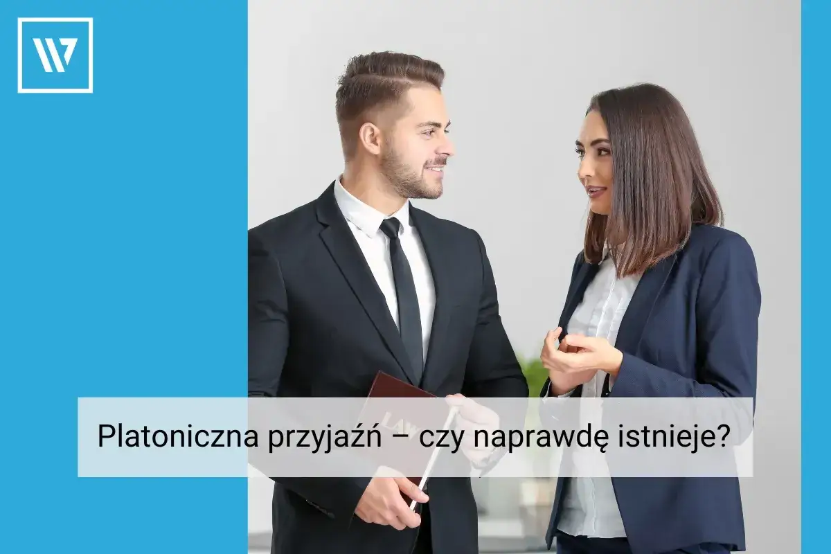 Mężczyzna i kobieta w eleganckich strojach rozmawiają, zastanawiając się nad tym, czy istnieje platoniczna przyjaźń.