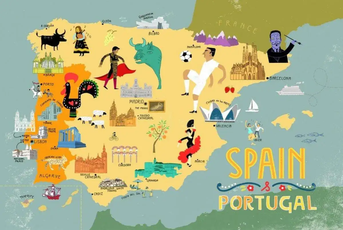 Ilustrowana mapa Hiszpanii i Portugalii, ukazująca największe miasta Hiszpanii, takie jak Madryt, Barcelona, Walencja, z charakterystycznymi symbolami.