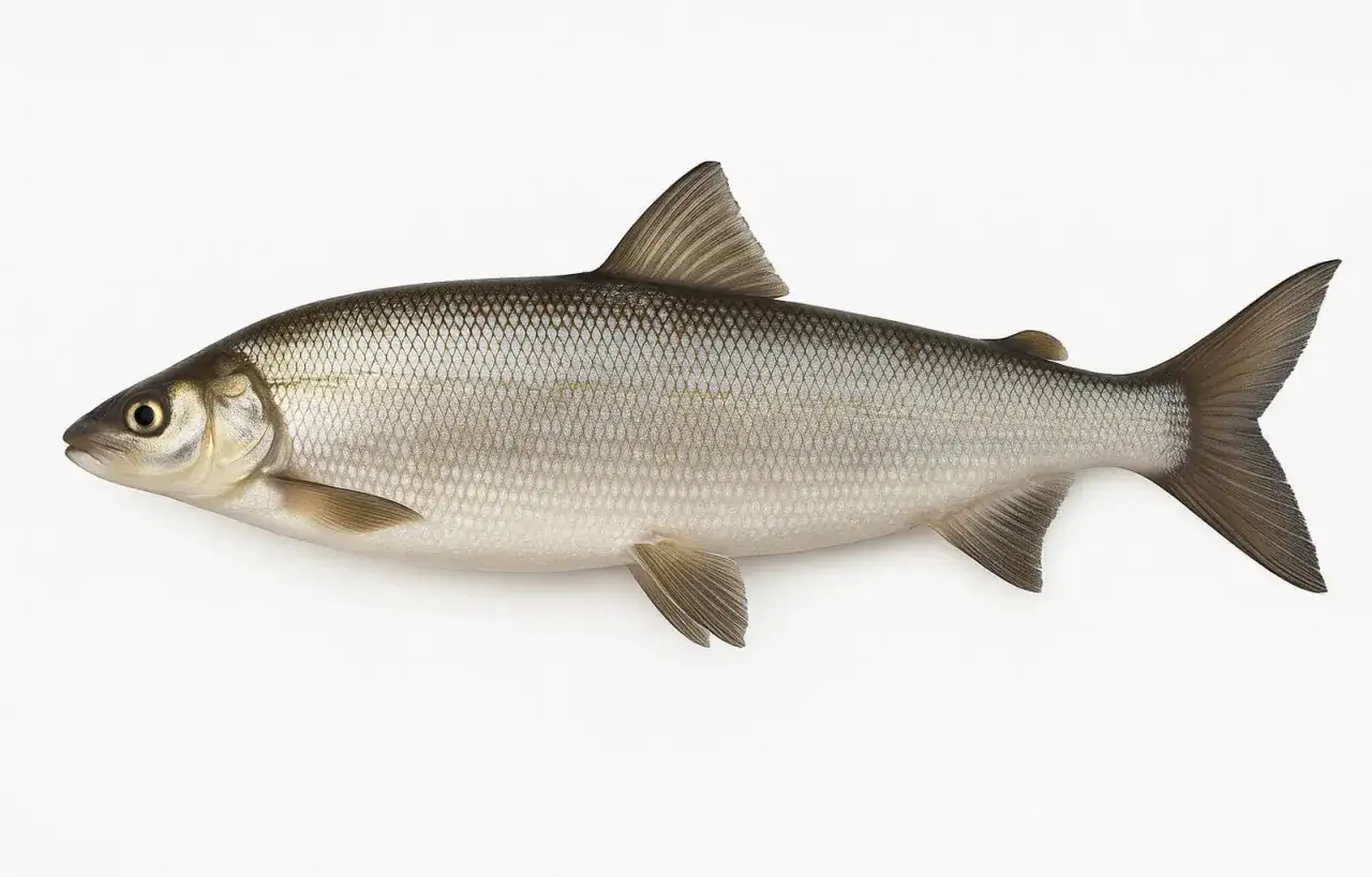 Świeża ryba, idealna na ceviche, z błyszczącymi łuskami i ciemnym ogonem, leży na białym tle.