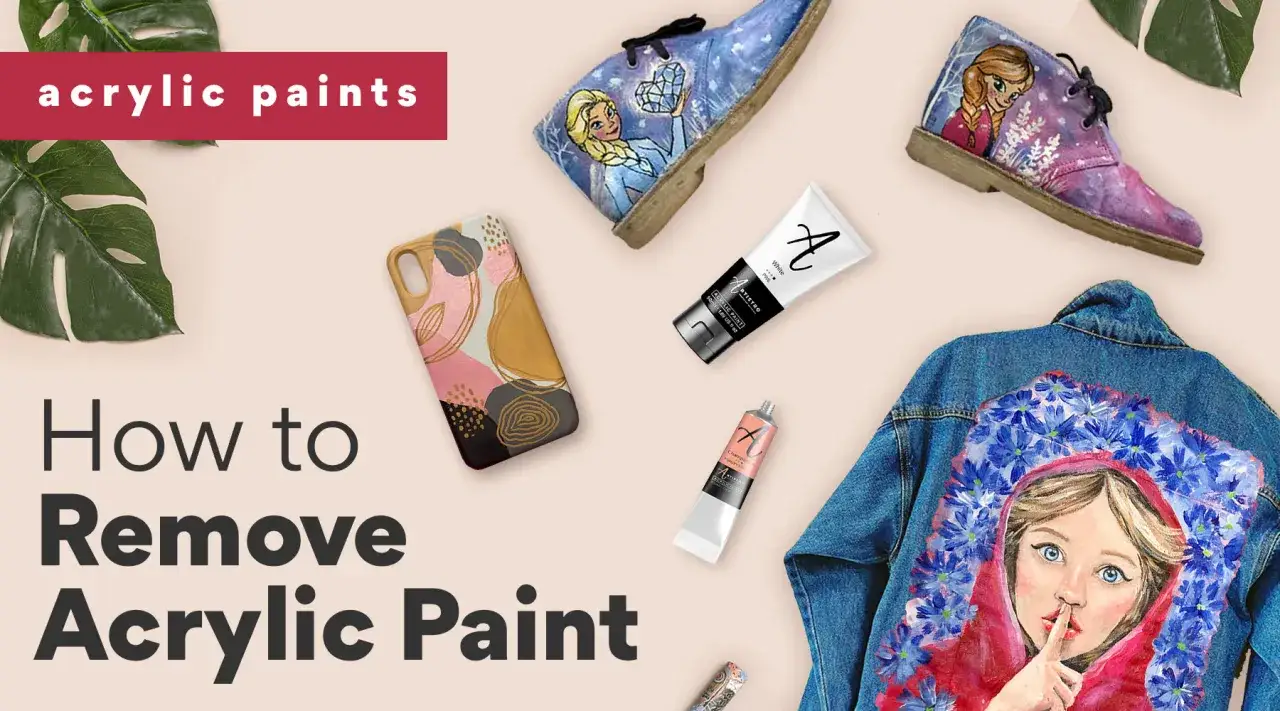 Des chaussures et une veste en jean peintes à l'acrylique, des tubes de peinture et une coque de téléphone. Apprenez à nettoyer peinture acrylique sèche.