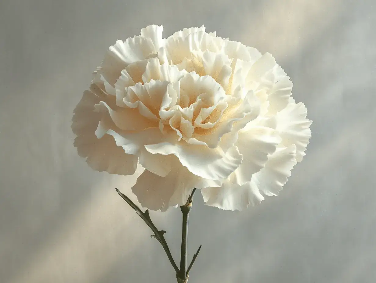 Un &oelig;illet blanc, symbole de puret&eacute; et d'amour sinc&egrave;re, se dresse sur un fond doux.