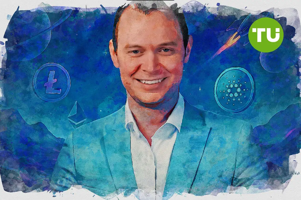 Benjamin Cowen w akwarelowym stylu, otoczony symbolami kryptowalut jak Litecoin, Ethereum i Cardano, na tle kosmicznym z rakietą.