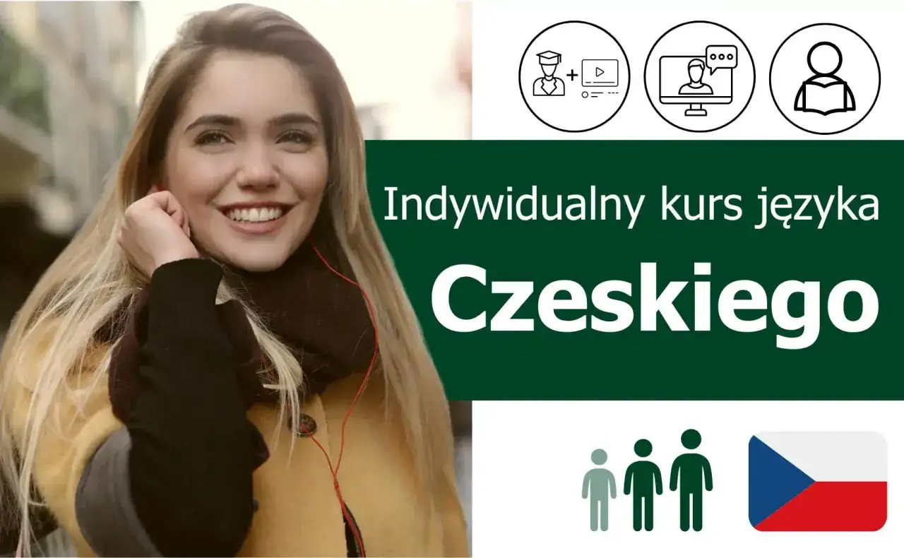Uśmiechnięta dziewczyna słucha muzyki, a obok napis 