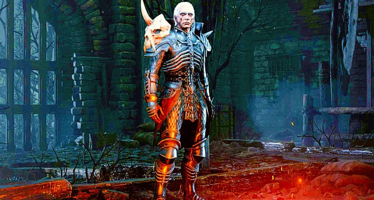 Mroczny nekromanta z Diablo 2, w zbroi z czaszką, gotowy do walki. Jego build jest idealny do przywoływania armii nieumarłych.