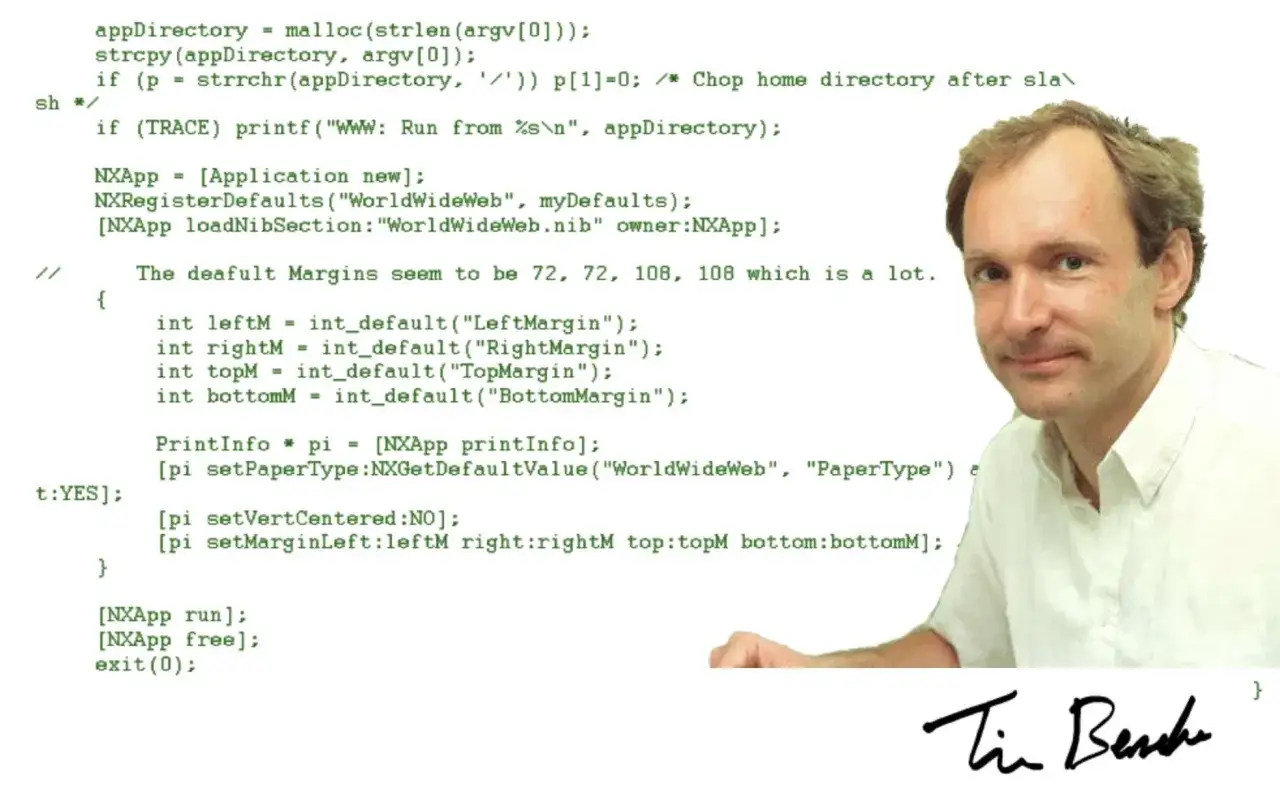 Mężczyzna na tle kodu, który może pomóc zrozumieć, co oznacza skrót HTML. Podpis: Tim Berners-Lee.