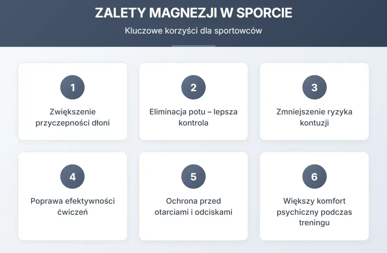 Magnezja co to? Zwiększa przyczepność dłoni, eliminuje pot, zmniejsza ryzyko kontuzji, poprawia efektywność ćwiczeń, chroni przed otarciami i odciskami, daje komfort psychiczny.