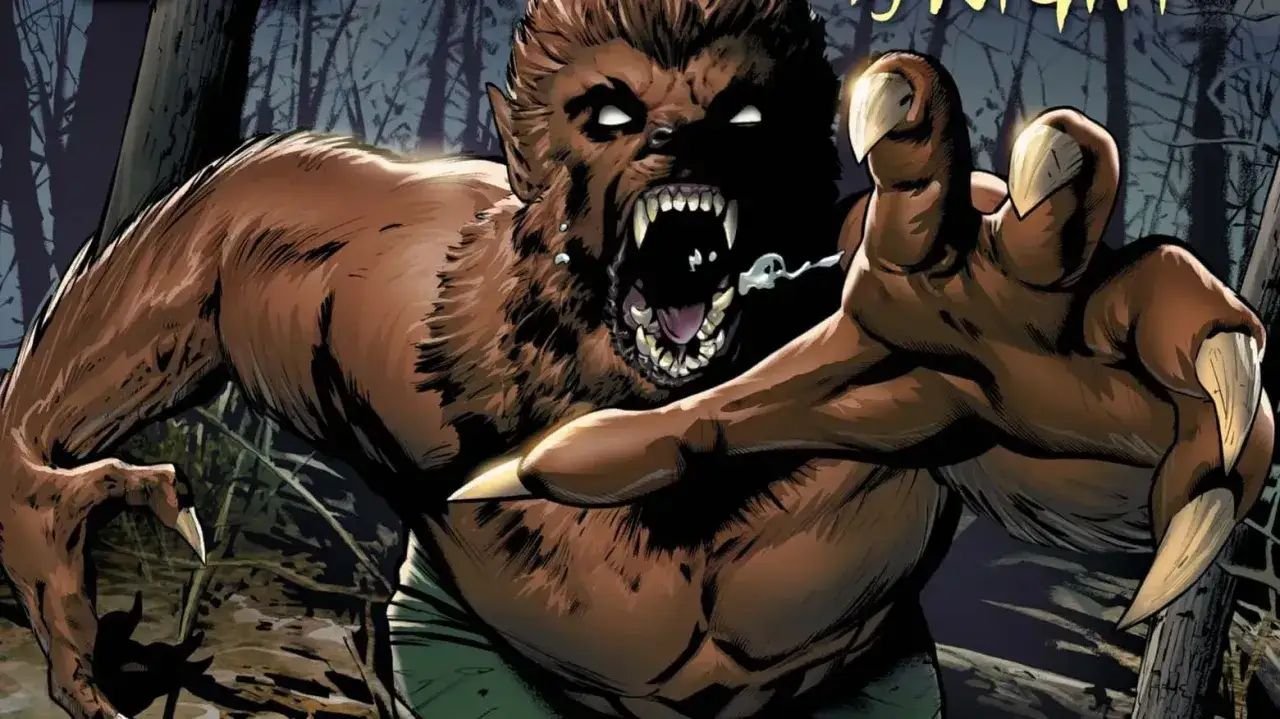 Un loup-garou Marvel aux crocs acérés et aux griffes menaçantes, prêt à bondir dans la nuit.