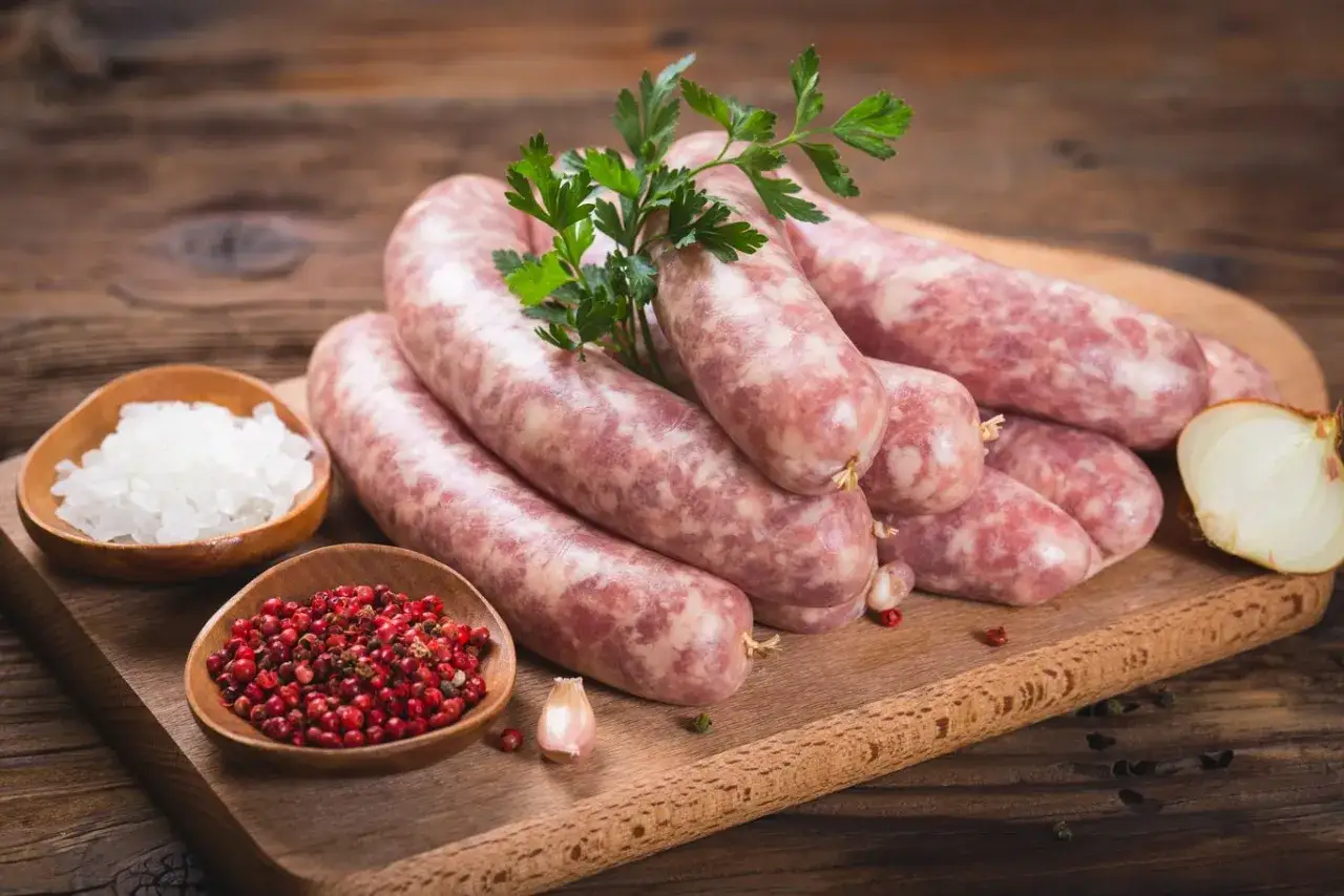 Surowa biała kiełbasa na desce z cebulą, czosnkiem, pieprzem i natką. Idealna do gotowania.