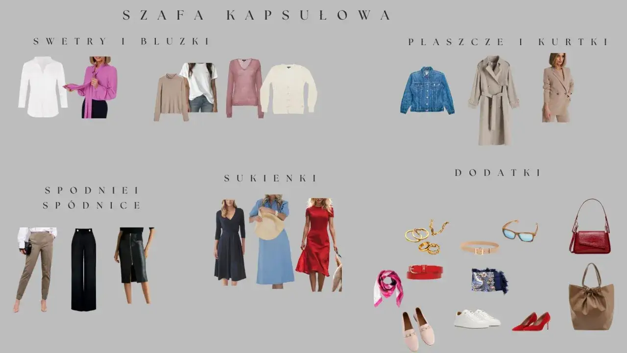 Stylowka na wiosne: biała koszula, różowa bluzka, beżowy sweter, jeansowa kurtka, trencz, garnitur, spodnie, spódnica, sukienki, torebki, buty i akcesoria.