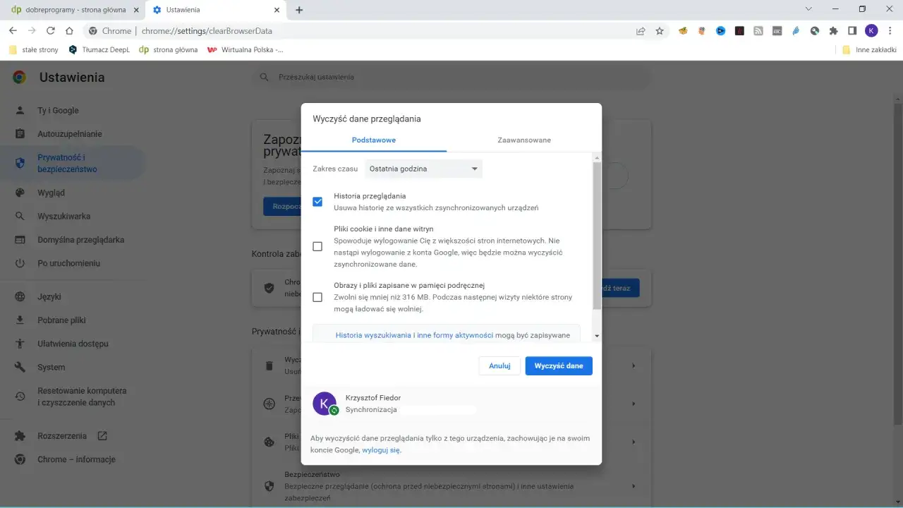 menu czyszczenia historii przeglądarki