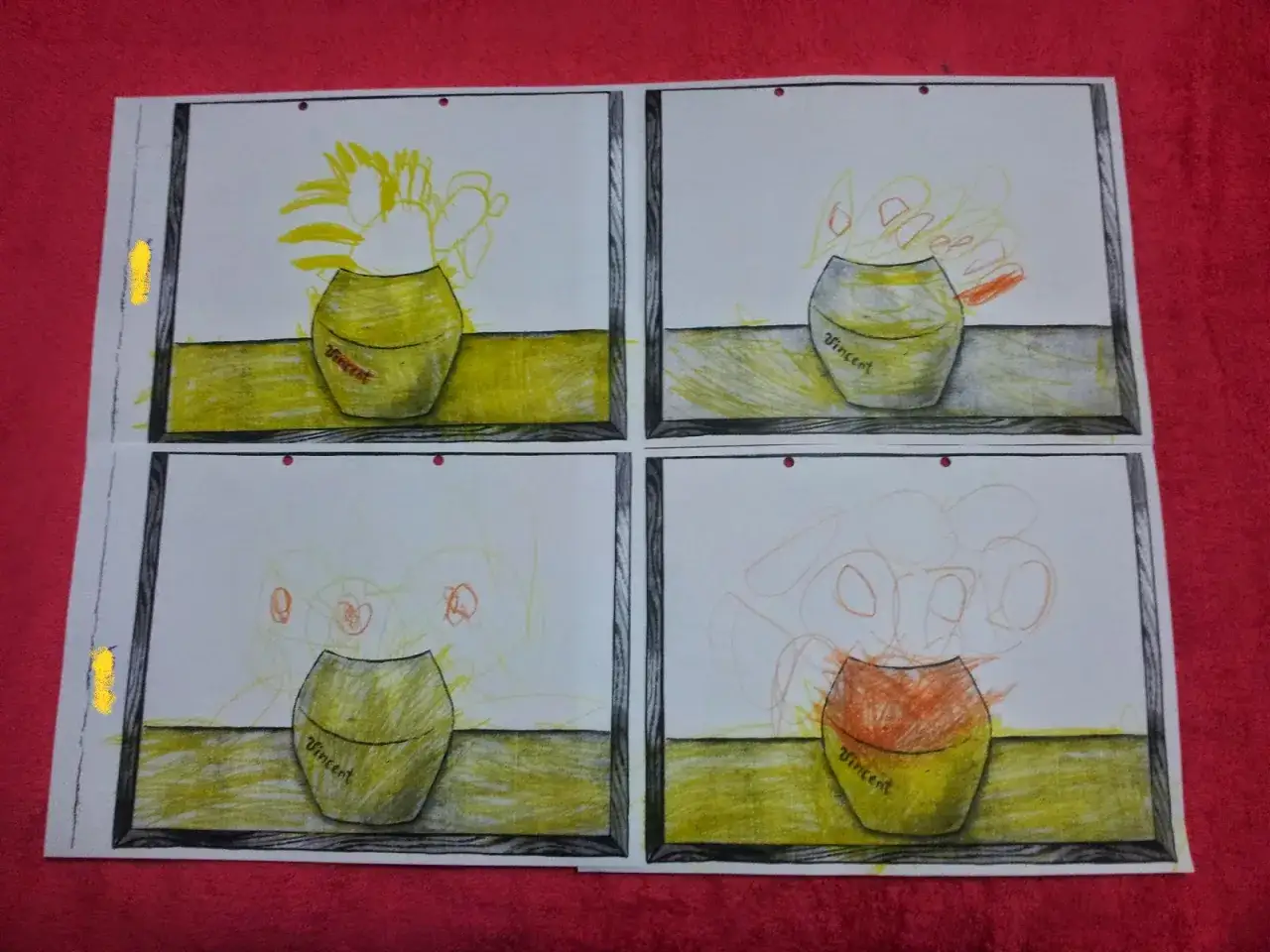 Cuatro dibujos de jarrones con flores, inspirados en Van Gogh para niños, con trazos sencillos y colores vibrantes.