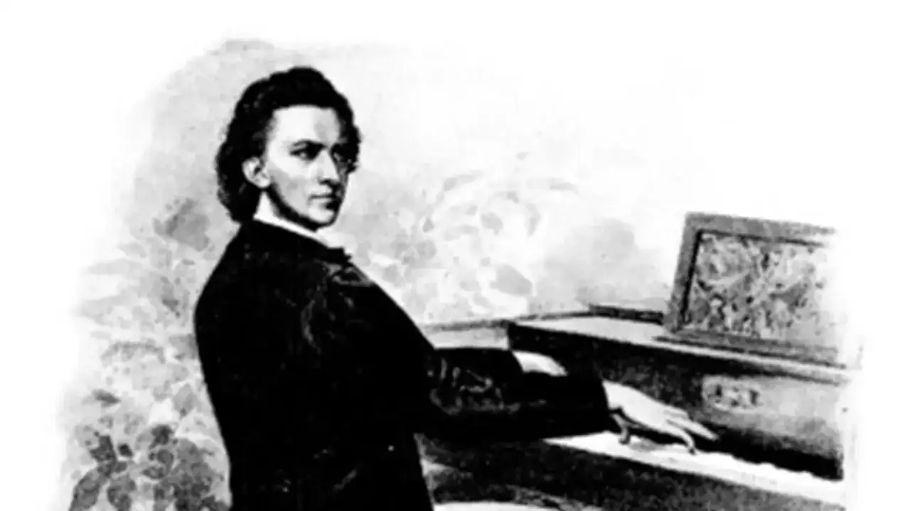 Fryderyk Chopin przy fortepianie, tworzący swoje nieśmiertelne utwory.