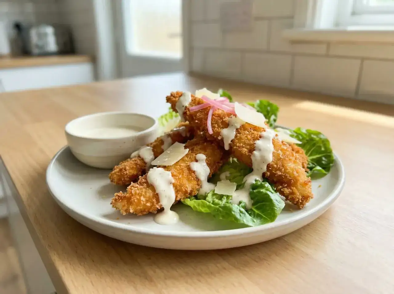 Krispiga bitar av panerad kyckling serveras p&aring; en b&auml;dd av sallad med parmesan och en kr&auml;mig dressing. En liten sk&aring;l med dressing st&aring;r bredvid.