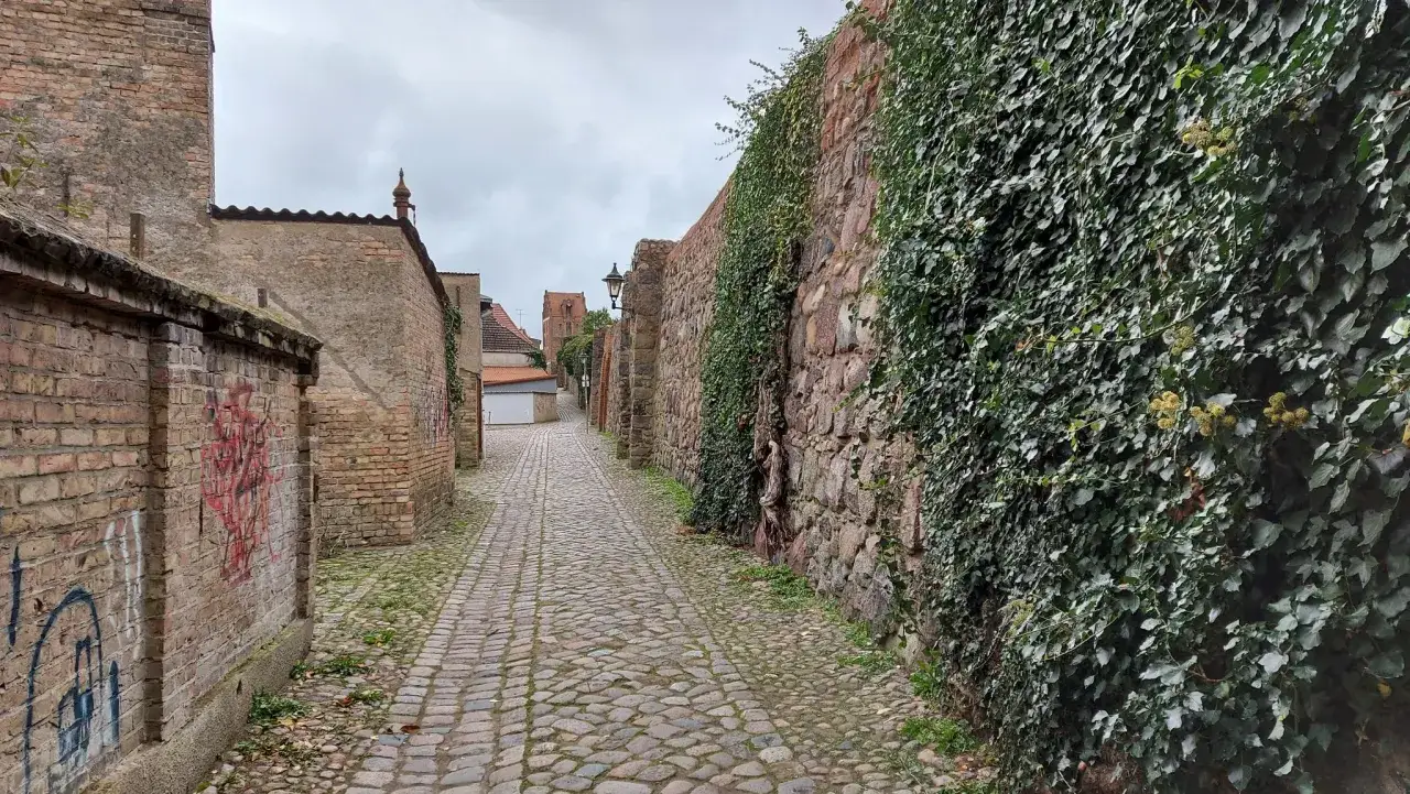 Gepflasterte Gasse in der Templin Altstadt, ges&auml;umt von einer mit Efeu bewachsenen Steinmauer und alten Backsteinbauten.