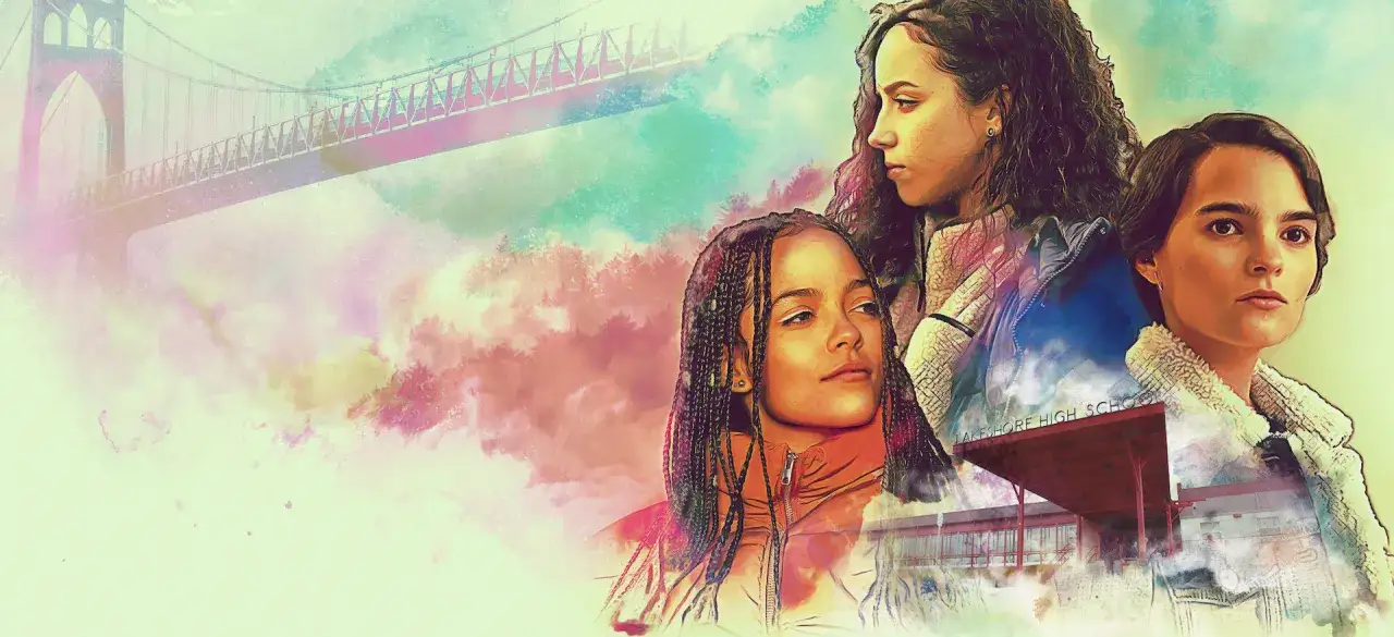 Trzy dziewczyny, most i szkoła. W tle pastelowe chmury i akwarelowe plamy, jakby to były ulotne wspomnienia i drobne **trinkets** z życia.