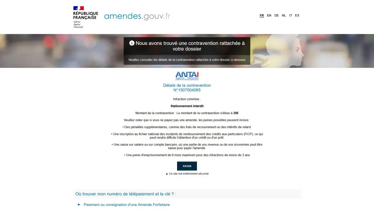 Alerte : faux mail ANTAI. Page de détail d'une contravention pour stationnement interdit, montant 35€.